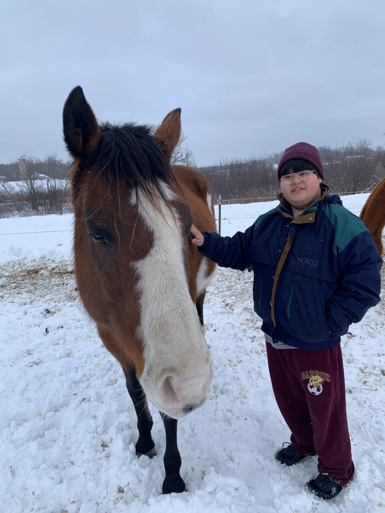 Brown and white horse with boy dressed in winter clothes standing next to horse outside in snow.